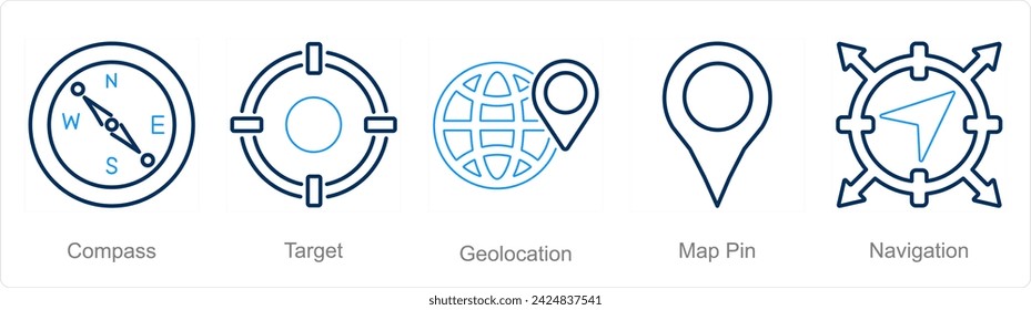 Ein Satz von 5 Standortsymbolen als Kompass, Ziel, Geo-Standort