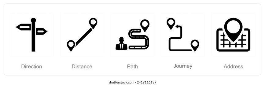 A set of 5 Location icons as direction, distance, path