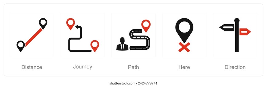 A set of 5 Location icons as distance, journey, path