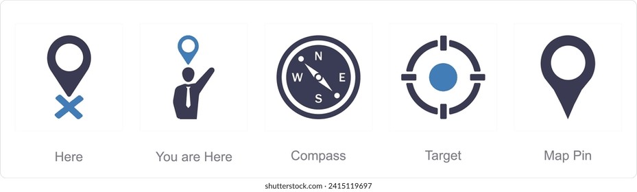 A set of 5 Location icons as here, you are here, compass