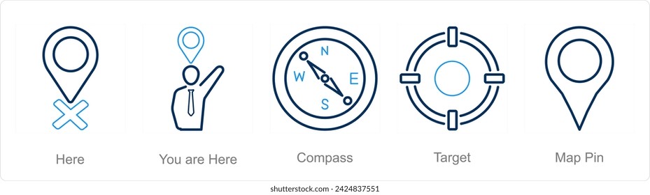 A set of 5 Location icons as here, you are here, compass