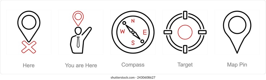 A set of 5 Location icons as here, you are here, compass