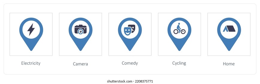 Un conjunto de 5 iconos de ubicación como Electricidad, Cámara, Comedia