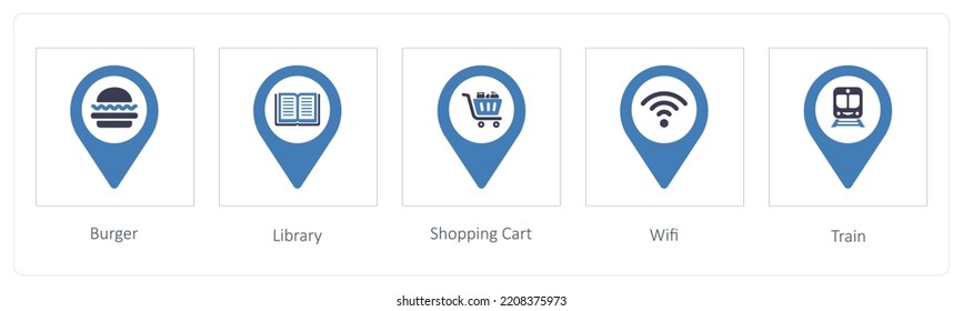 A set of 5 location icons such as Burger, Library, Shopping Cart