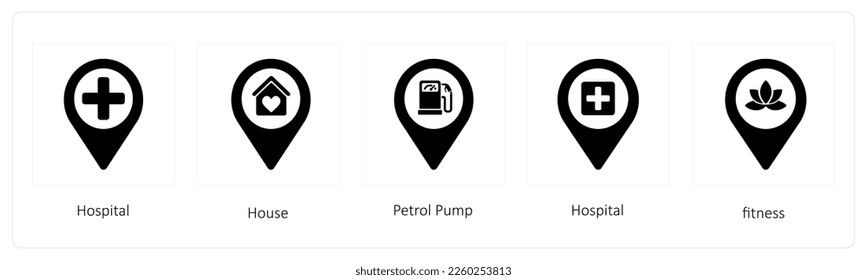 A set of 5 location icons such as Hospital, House, Petrol Pump