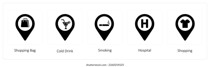 A set of 5 location icons such as Shopping Bag, Cold Drink