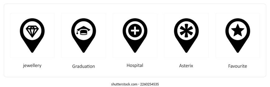 A set of 5 location icons such as jewellery, Graduation, Hospital