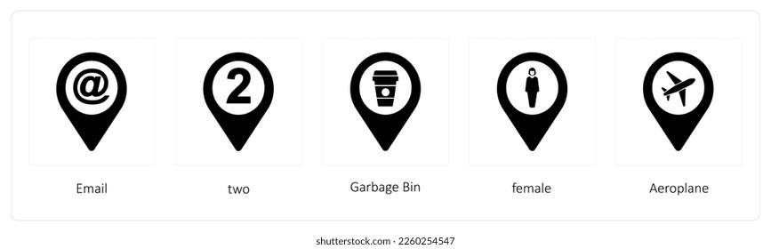 A set of 5 location icons such as Email, two, Garbage Bin