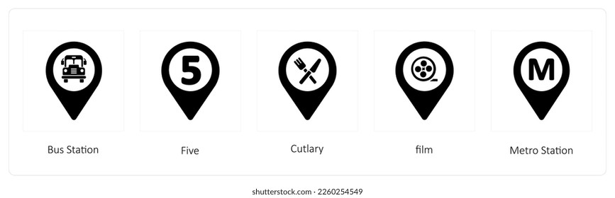 A set of 5 location icons such as Bus Station, Five, Cutlery