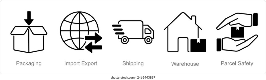 A set of 5 Logistics icons as packaging, import export, shipping