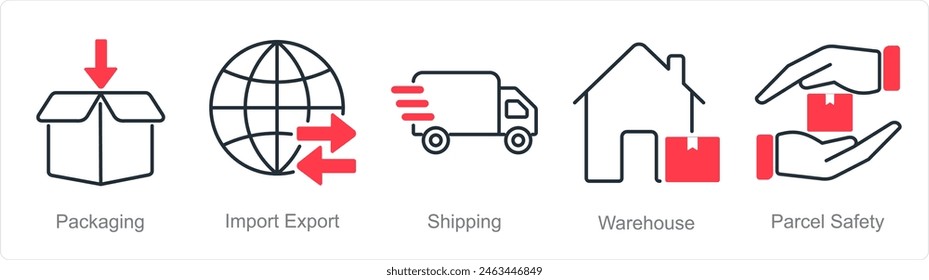 A set of 5 Logistics icons as packaging, import export, shipping