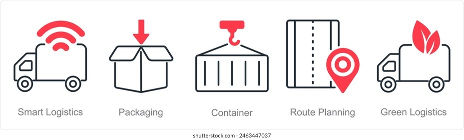 A set of 5 Logistics icons as smart logistics, packaging, container