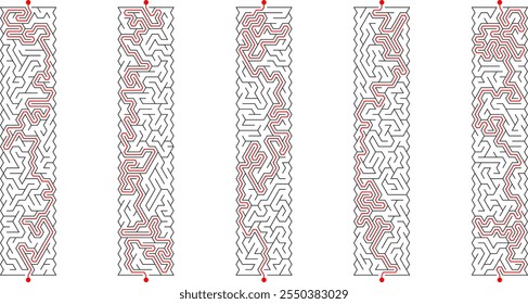 Set of 5 long lenght vertical labyrinths with triangular cell. Collection of stretched mazes with solutions. Black and white simple line riddles pack. Brainstorm puzzles for books, print, web games.