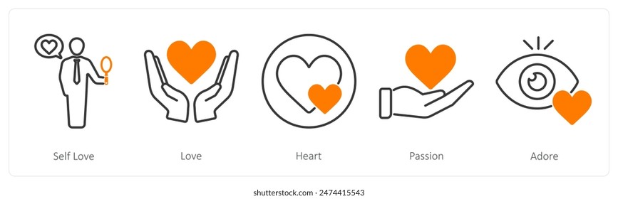 Un conjunto de 5 iconos de amor y romance como amor propio, amor, corazón, pasión