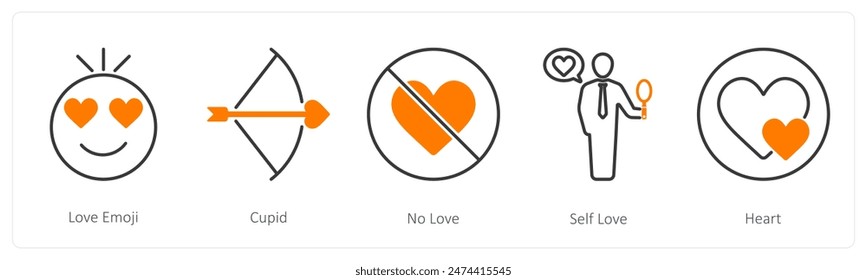 A set of 5 Love and Romance icons as love emoji, cupid, no love