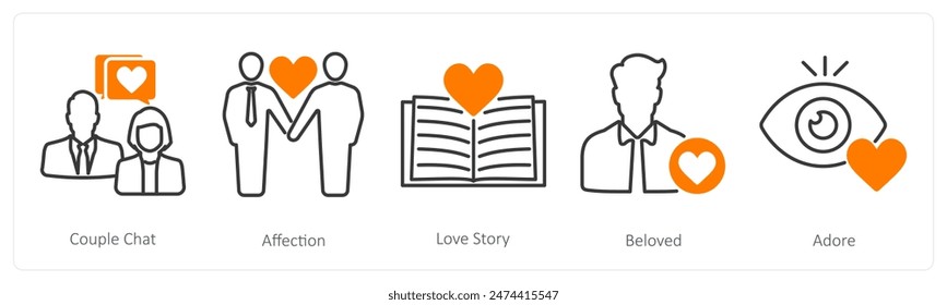 A set of 5 Love and Romance icons as couple chat, affection, love story