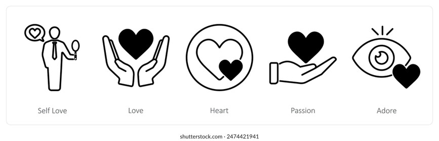 Un conjunto de 5 iconos de amor y romance como amor propio, amor, corazón, pasión