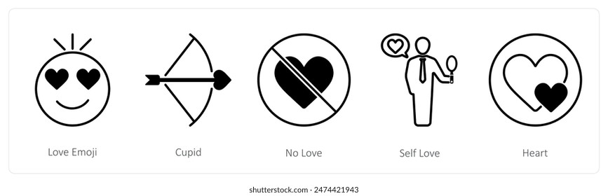 A set of 5 Love and Romance icons as love emoji, cupid, no love