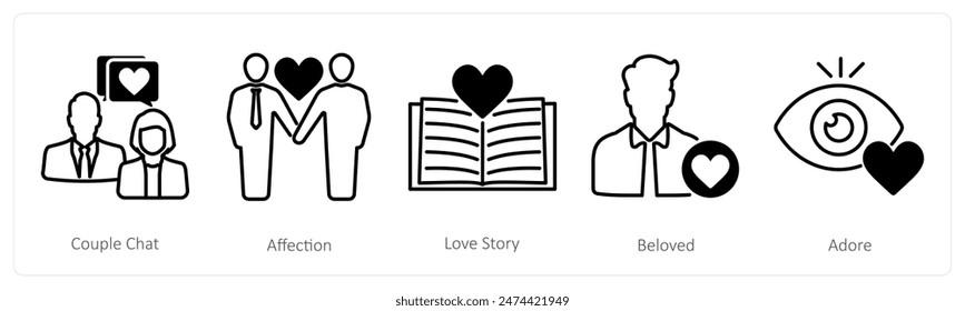 A set of 5 Love and Romance icons as couple chat, affection, love story