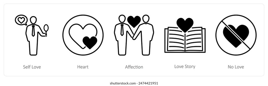 Un conjunto de 5 iconos de amor y romance como amor propio, corazón, afecto