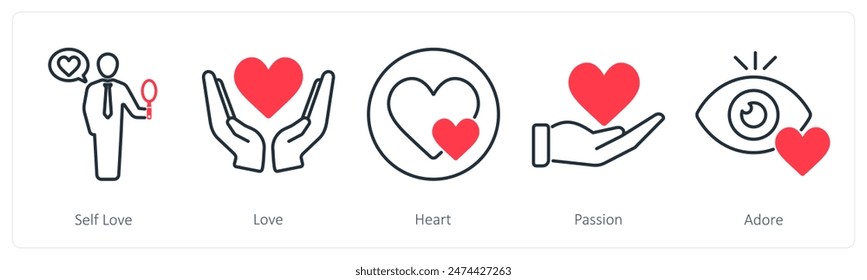 Un conjunto de 5 iconos de amor y romance como amor propio, amor, corazón, pasión