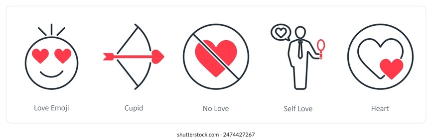 A set of 5 Love and Romance icons as love emoji, cupid, no love