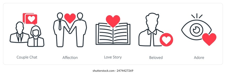 A set of 5 Love and Romance icons as couple chat, affection, love story