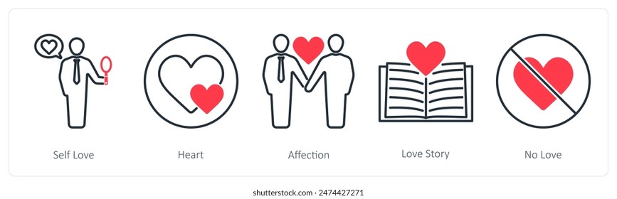 Un conjunto de 5 iconos de amor y romance como amor propio, corazón, afecto