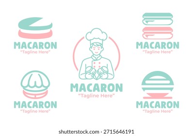 Un conjunto de 5 diseños de logotipo de tienda de macarrones creados para boutiques de postres, panaderías y marcas premium.