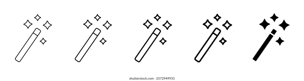 Set of 5 Magic wand icon, 1 Silhouette, 1 unexpanded vector - Black magic wand of dark magic with magical staffs with varying attributes and sparkles, magician stick