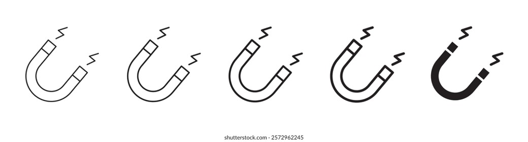 Set of 5 Magnet icon - 1 Silhouette - 1 unexpanded vector - Black magnet icons with varying thickness n fill styles showing horseshoe magnet with magnetic field lines. vector design for magnetic force