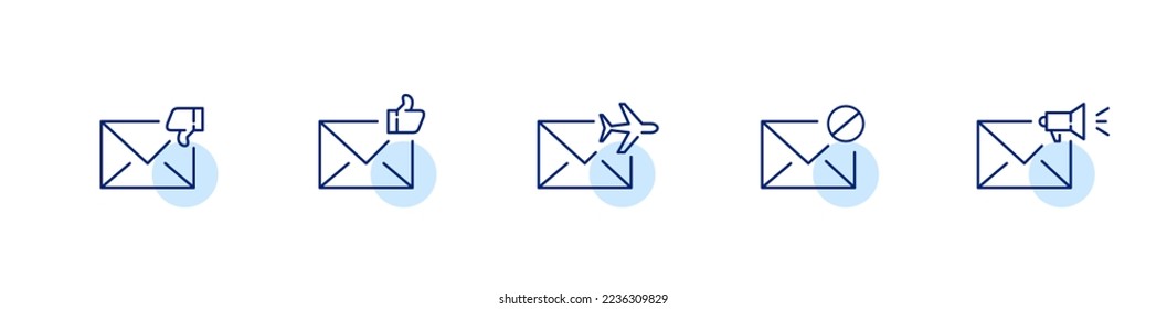 Set of 5 mail icons. Spam, share, like and dislike, international delivery. Pixel perfect, editable stroke