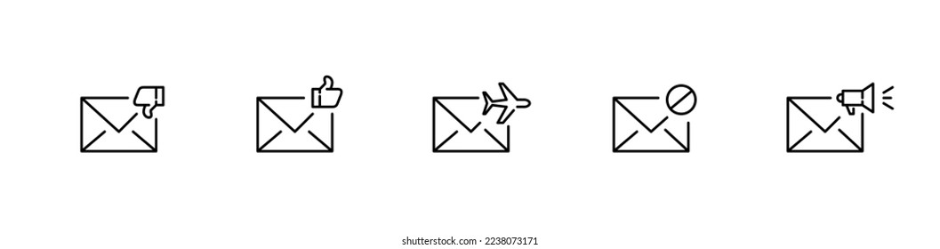 Set of 5 mail icons. Spam, share, like and dislike, international delivery. Pixel perfect, editable stroke