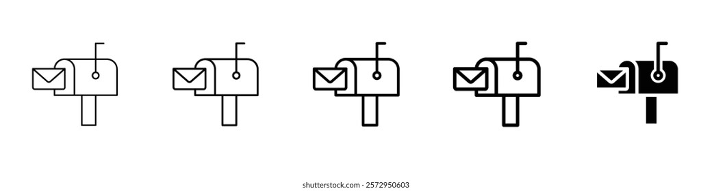 	
Set of 5 Mailbox icon 1 Silhouette, 1 unexpanded vector, Mailbox icons with envelope showing variations in line thickness n fill styles vector design representing mail messages n postal services