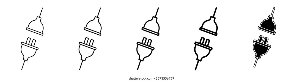 Set of 5 Male Female Plugin icon, 1 Silhouette, 1 unexpanded vector, Outline vector icon of male and female plugs, plug for electric connection, electricity, connectivity, male n female plug