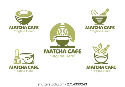Un conjunto de 5 diseños de logotipo de café matcha inspirados en la cultura del té y la marca moderna de bebidas. Adecuado para cafeterías, casas de té y negocios de bebidas especializadas.