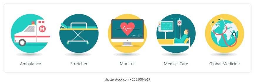 A set of 5 medical icons as ambulance, stretcher, monitor