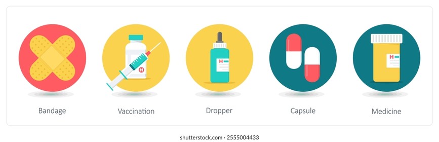 A set of 5 medical icons as bandage, vaccination, dropper