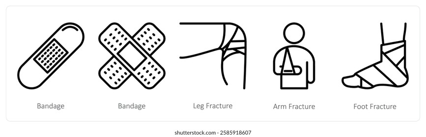 A set of 5 medical icons as bandage, leg fracture, arm fracture