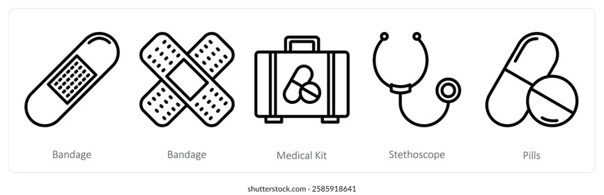 A set of 5 medical icons as bandage, medical kit, stethoscope