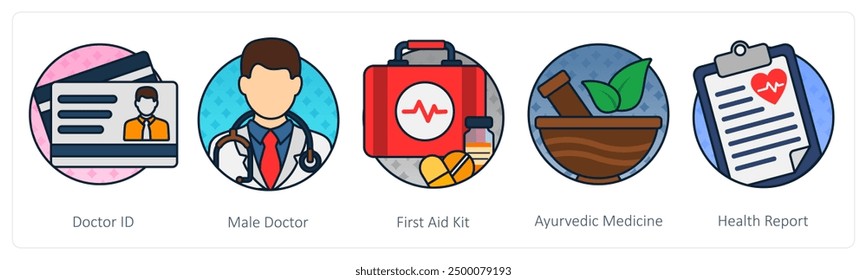 A set of 5 Medical icons as doctor id, male doctor, first aid kit