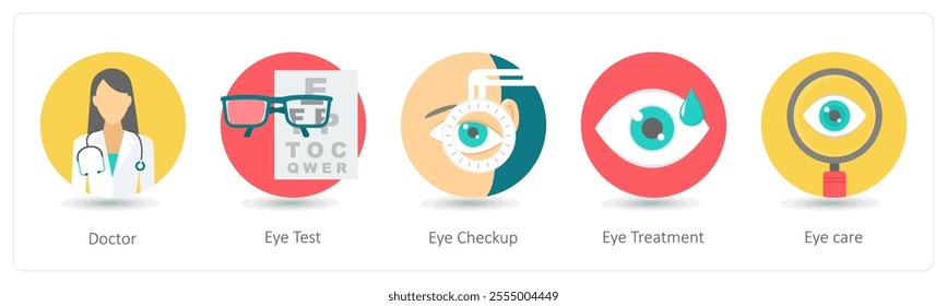 A set of 5 medical icons as doctor, eye test, eye checkup