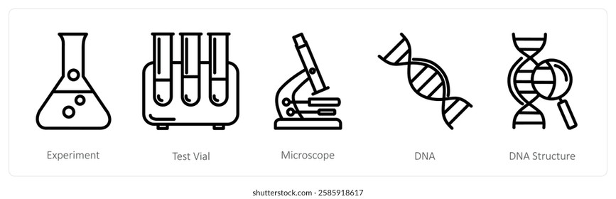 A set of 5 medical icons as experiment, test vial, microscope