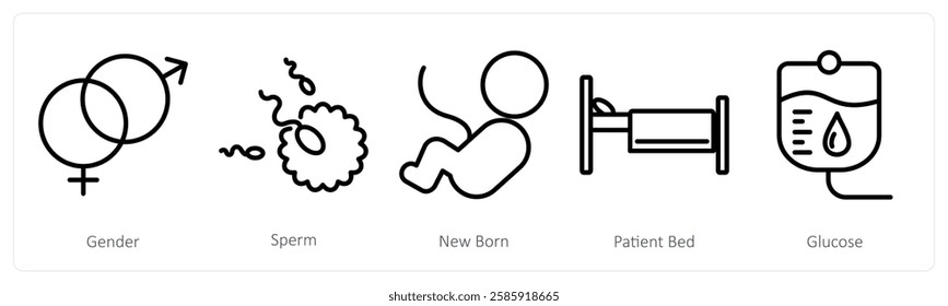 A set of 5 medical icons as gender, sperm, new born