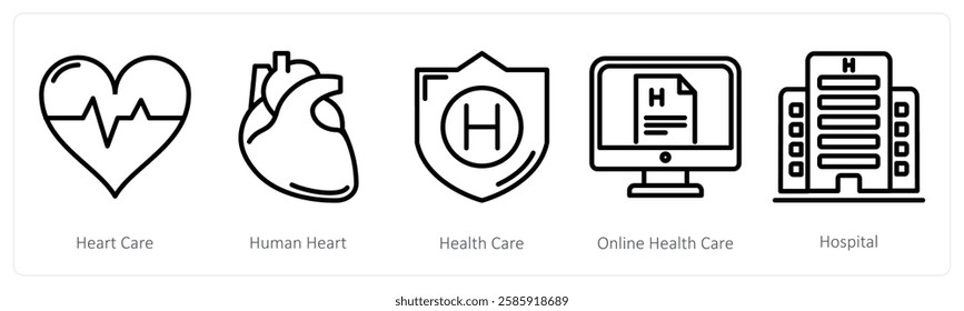 A set of 5 medical icons as heart care, human heart, health care