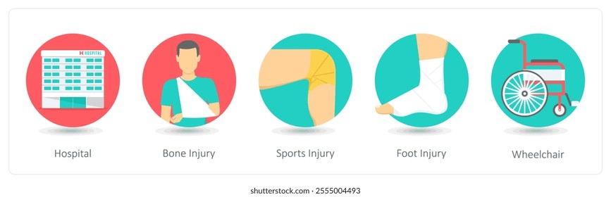 A set of 5 medical icons as hospital, bone injury, sport injury