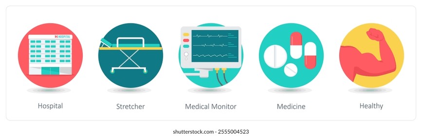 A set of 5 medical icons as hospital, stretcher, medical monitor