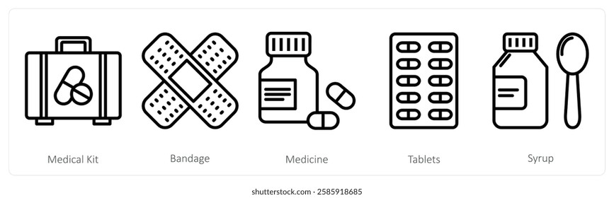 A set of 5 medical icons as medical kit, bandage, medicine