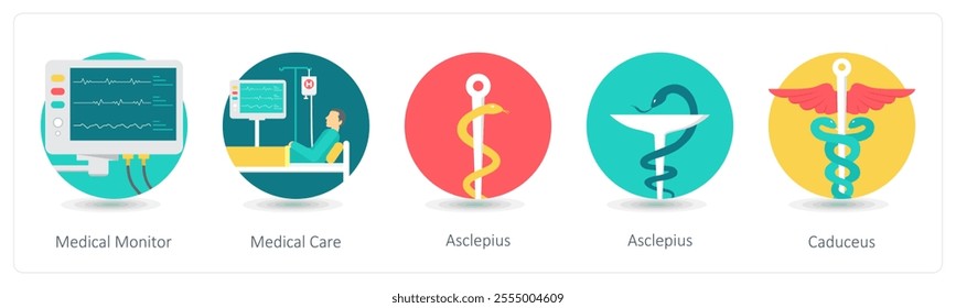 A set of 5 medical icons as medical monitor, medical care, asclepious