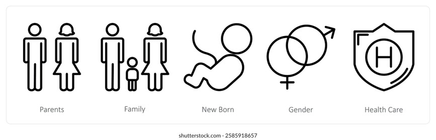 A set of 5 medical icons as parents, family, new born